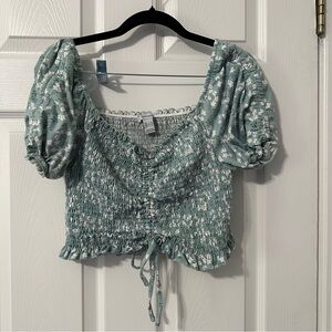 Blue and White Puff Sleeve Smocked Crop Top